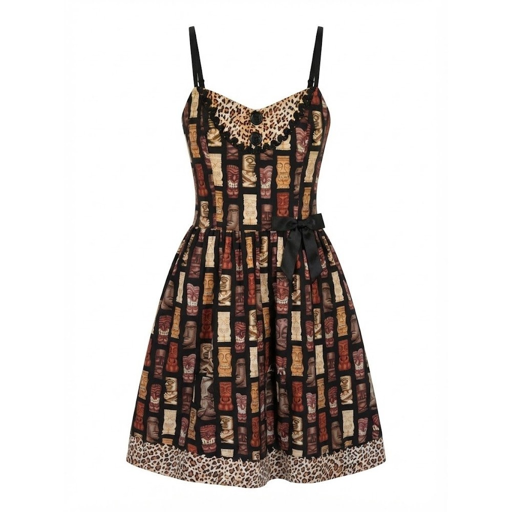 Paperdolls Tiki Print Swing Dress Womens S Leopard Trim‎ Rockabilly Pinup Retro